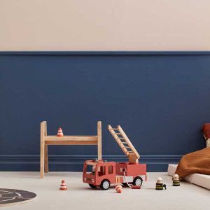 wooden red fire truck toy with three figures