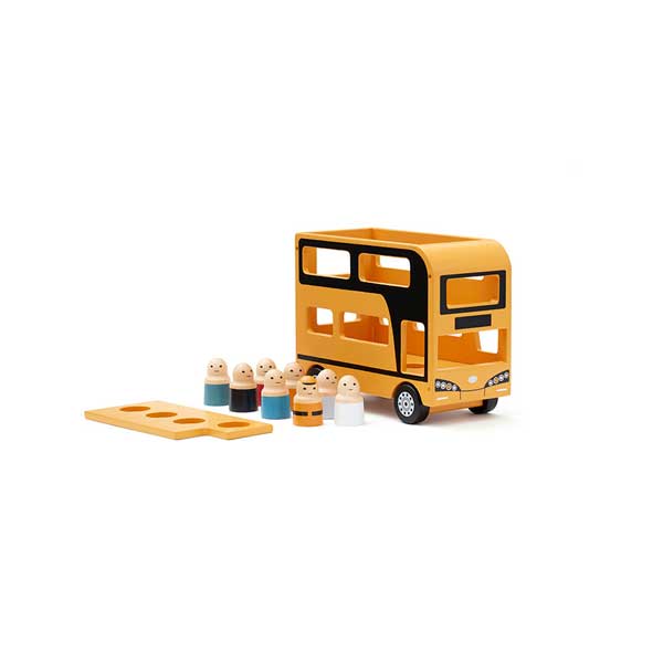 wooden yellow double decker bus toy