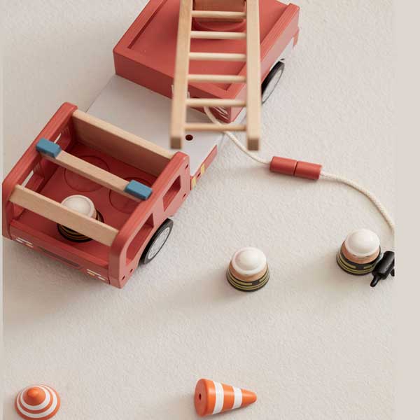 wooden red fire truck toy with three figures