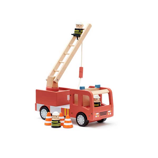 wooden red fire truck toy with three figures